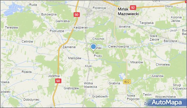 mapa Prusy, Prusy gmina Mińsk Mazowiecki na mapie Targeo